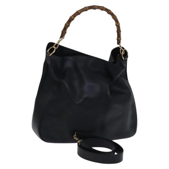 GUCCI Bamboo Shoulder Bag Leather 2way Black Gold - Picture 1 of 15